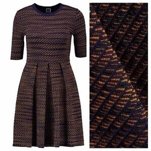 MISSONI (XS, 0) Navy & Gold Knit Dress, Wool & Silk, 1/2 Sleeve, Flared / A-Line